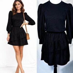 Nation LTD Tenley Black Puff Sleeve Asymmetrical Ruffle Tiered Mini Dress~S🧡